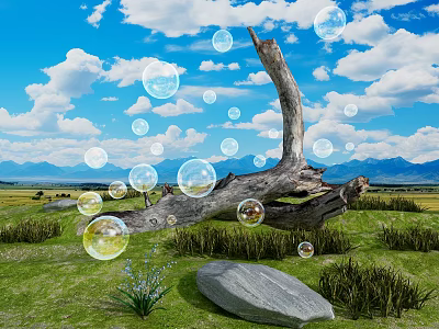 Beautiful Natural Setting With Driftwood Log Soap Bubbles Green Grass Large Rock And Distant Mountains 3d model