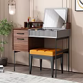 Wooden Vanity Table With Open Drawers Cosmetics Storage Orange Upholstered Stool And Mirror