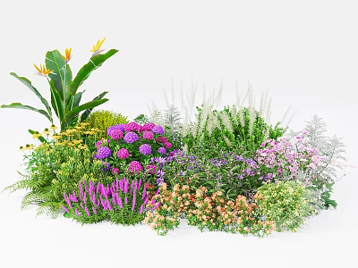 Vibrant Mixed Flowers And Green Plants With Purple Pink Yellow Blooms And Lush Foliage 3d model