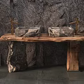 Natural Stone Washbasin Vanity With Wooden Countertop Two Stone Sinks And Stone Wall