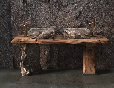 Natural Stone Washbasin Vanity With Wooden Countertop Two Stone Sinks And Stone Wall 3d model