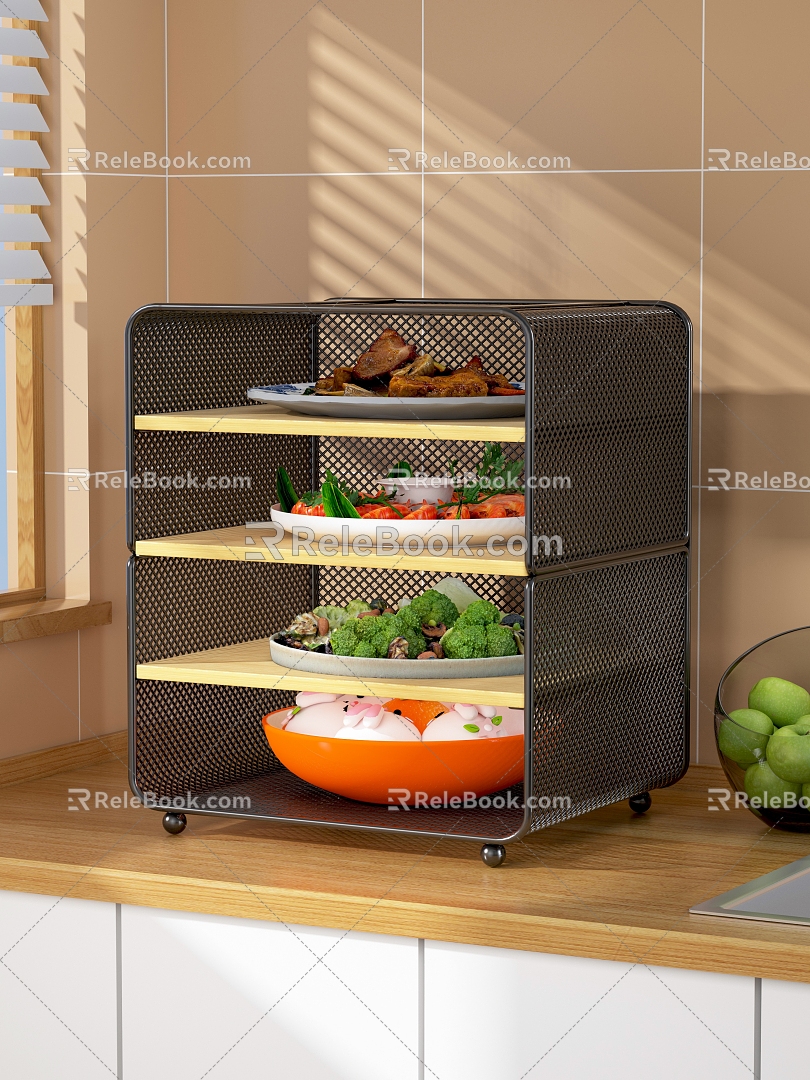 Plate Dishes Stir-fry Steamed Bread Broccoli Prawn Meat Leftover Storage Rack Kitchen Cabinet Vegetable Washing Pot Fruit Plate Apple Windowsill Countertop Tile 3d model