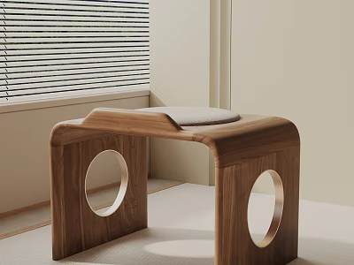 Modern Walnut Side Table With Circular Cutouts And Cushion Near Window Blinds 3d model