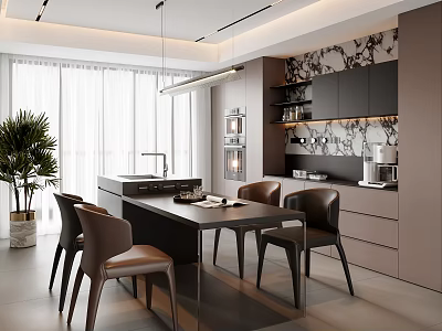 Modern Restaurant Interior With Dining Table Chairs Open Kitchen Hanging Lights And Decorative Wall 3d model