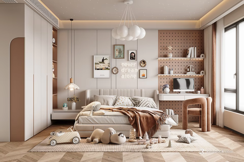 Cozy Kids Room Interior Design With Bed Stuffed Toys Bookshelf And Decorative Paintings 3d model 