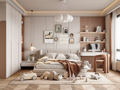 Cozy Kids Room Interior Design With Bed Stuffed Toys Bookshelf And Decorative Paintings 3d model