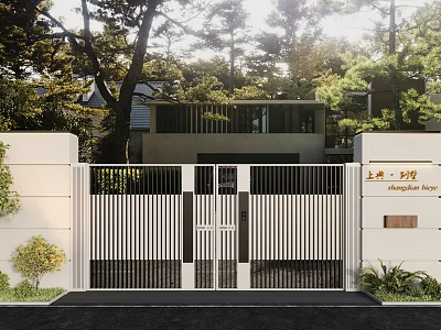 Modern Villa Front Gate Door Handle With White Fence And Green Trees 3d model