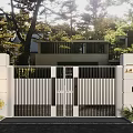 Modern Villa Front Gate Door Handle With White Fence And Green Trees