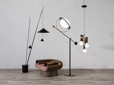 Modern Minimalist Lighting Combination With Arched Floor Lamps Pendant Lights And Interior Design 3d model