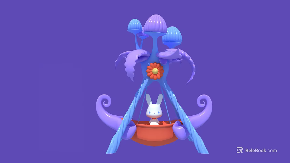Enchanting Photo Spot With Rabbit On Red Swing And Mushroom Decorations 3d model 