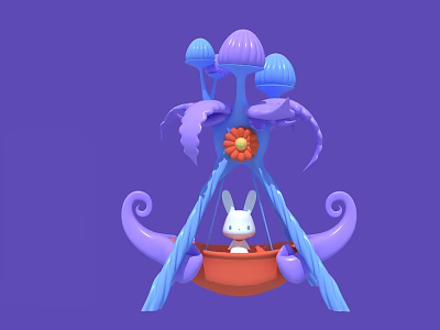 Enchanting Photo Spot With Rabbit On Red Swing And Mushroom Decorations 3d model