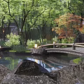 Scenic Entrance Gate Surrounded By Lush Trees Pond Wooden Bridge And Lanterns