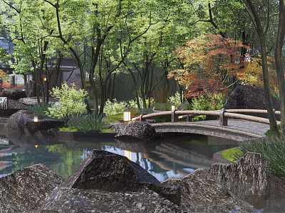 Scenic Entrance Gate Surrounded By Lush Trees Pond Wooden Bridge And Lanterns 3d model