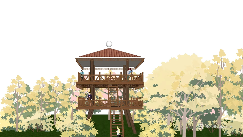 Two Story Wooden Tower With Observation Balcony Surrounded By Trees And Green Grass 3d model 
