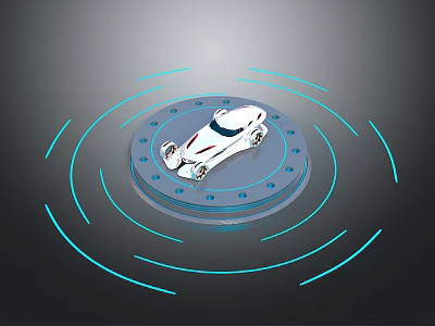 Futuristic White Car Model On Circular Platform With Blue Glowing Lines 3d model