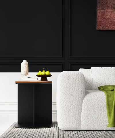 Black Side Table by White Sofa with Green Blanket White Statue and Plate of Green Pears on Black Wall 3d model