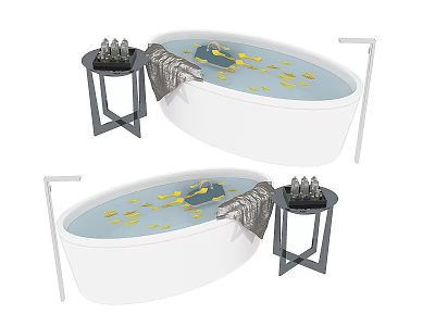 Oval White Bathtub with Floating Golden Leaves and Side Table in Modern Bathroom 3d model