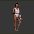 White One Piece Swimsuit With Red And White Striped Towel Against Gray Background