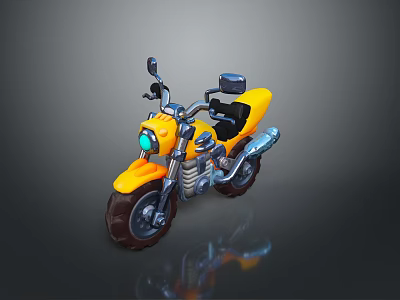Yellow toy motorcycle with black seat green headlight and metallic parts on reflective surface 3d model
