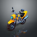Yellow toy motorcycle with black seat green headlight and metallic parts on reflective surface