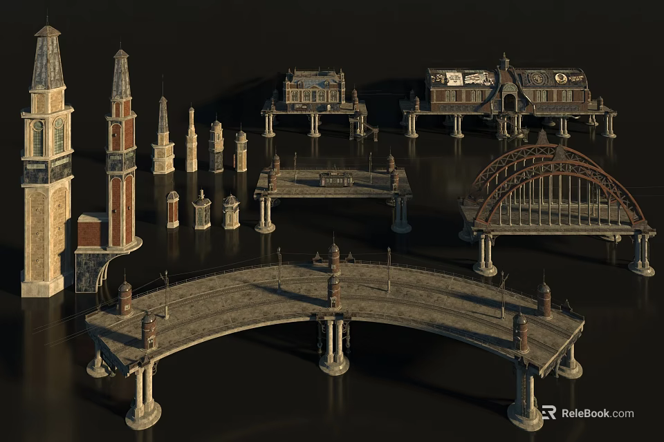 Classical Architectural Design with Bridges Towers Columns and Ornate Structural Details 3d model 
