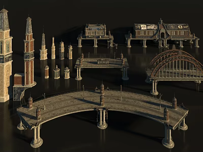 Classical Architectural Design with Bridges Towers Columns and Ornate Structural Details 3d model