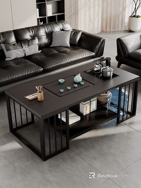Modern Black Coffee Table With Metal Frame Tea Set Tray Teapot And Tea Cups 3d model 