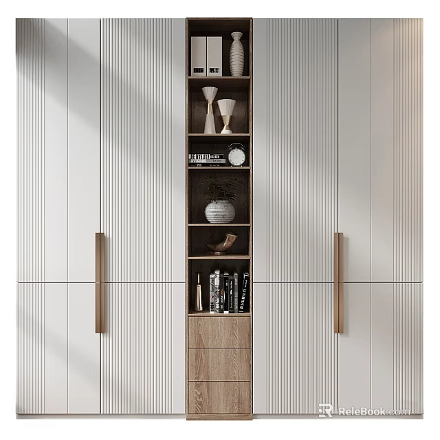 Modern Storage Cabinet With Wooden Doors Metal Handles And Open Shelves For Decorative Items 3d model 