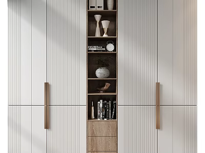 Modern Storage Cabinet With Wooden Doors Metal Handles And Open Shelves For Decorative Items 3d model