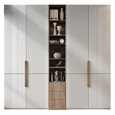 Modern Storage Cabinet With Wooden Doors Metal Handles And Open Shelves For Decorative Items 3d model