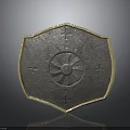 Shield Shaped Metallic Sculpture With Intricate Radiant Pattern And Golden Edge