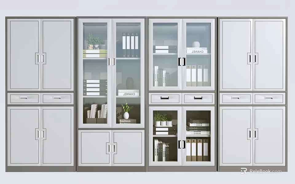 Modern Bookcase Featuring Glass And Wooden Doors Storage Books Decorative Plants Drawers 3d model 