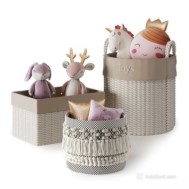 Woven Toy Storage Baskets With Stuffed Animals Fringe Decor And Various Shapes For Kids Room 3d model 