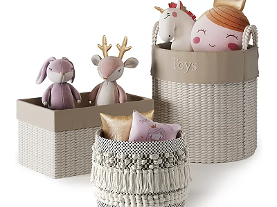 Woven Toy Storage Baskets With Stuffed Animals Fringe Decor And Various Shapes For Kids Room 3d model