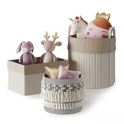 Woven Toy Storage Baskets With Stuffed Animals Fringe Decor And Various Shapes For Kids Room 3d model