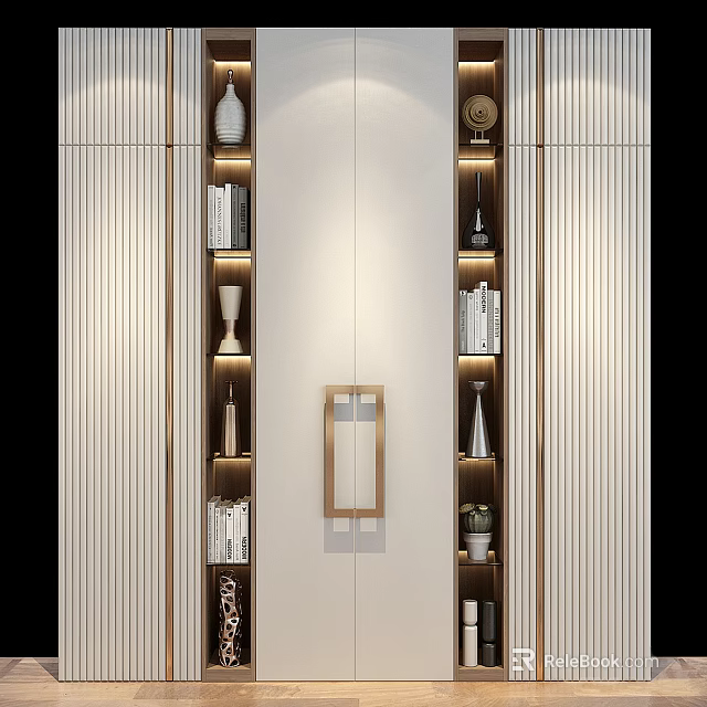 Modern Bookcase Interior Design With Wooden Frame Layered Shelves Books Decorative Pieces And Soft Lighting 3d model 