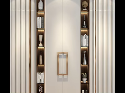 Modern Bookcase Interior Design With Wooden Frame Layered Shelves Books Decorative Pieces And Soft Lighting 3d model