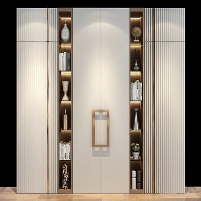Modern Bookcase Interior Design With Wooden Frame Layered Shelves Books Decorative Pieces And Soft Lighting 3d model