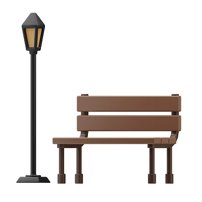 Garden Landscape With Brown Wooden Bench And Black Lamp Post For Outdoor Design 3d model