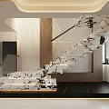 Modern Interior Staircase With Marble Steps Black And White Pattern LED Lighting Wooden Accents