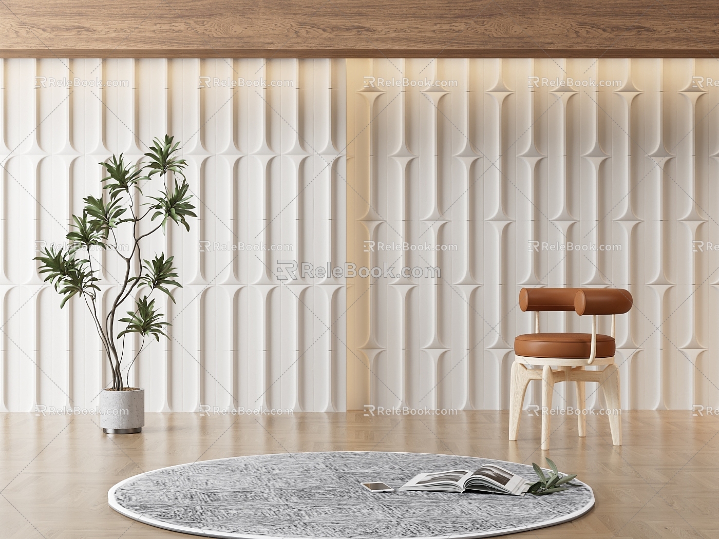 Cream wind background wall three-dimensional background wall green plant potted carpet leisure chair model