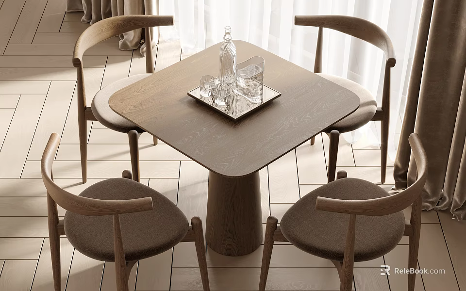 Square Wooden Dining Table Set With Four Armchairs And Glass Tray On Top 3d model 