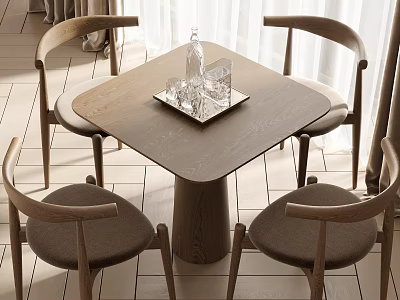 Square Wooden Dining Table Set With Four Armchairs And Glass Tray On Top 3d model