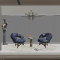 Blue Fluffy Casual Sofa Set with Round Coffee Table Chandelier Blinds and Decorative Rug 3d model