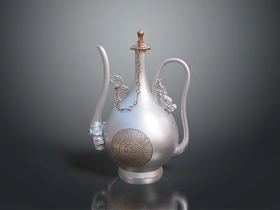 Elegant Silver Decorative Ewer With Golden Top Carved Patterns And Chain Decoration 3d model