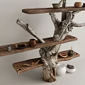 Wooden Tree Trunk Design Shelf in Natural Style with Decorative Vases Bowls and Branches
