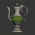 Silver Ornate Teapot With Green Body Decorative Handle Spout And Base For Daily Use
