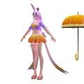 Game Movie Character With Bunny Ears Long Hair Purple Top Orange Skirt Ice Cream Umbrella