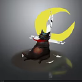Black Cat With Red Scarf Sitting Under Yellow Crescent Moon With White Birds