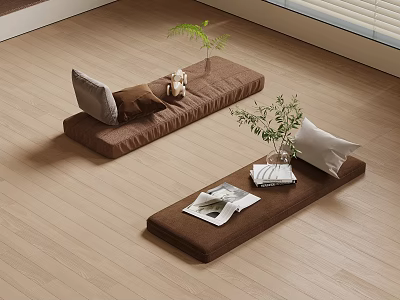 Cozy Living Space With Brown Floor Cushions Throw Pillows Magazines And Potted Plants 3d model